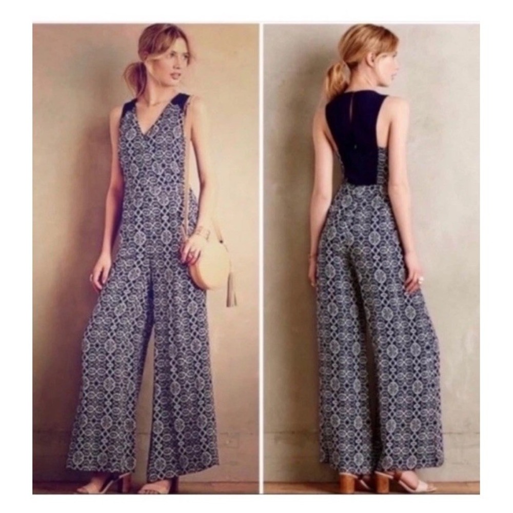 Anthropologie Elevense Audra Jumpsuit 10 Wide Leg Sleeveless Blue White Boho